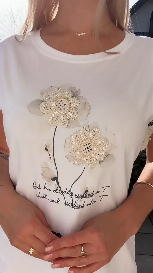 Bawełniana biała bluzka T-SHIRT z boho kwiatuszkami ONE SIZE - R789