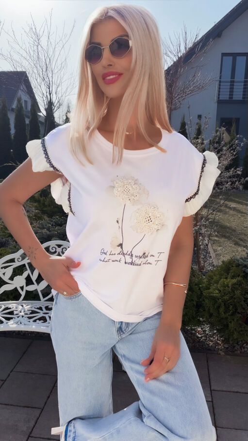 Bawełniana biała bluzka T-SHIRT z boho kwiatuszkami ONE SIZE - R789
