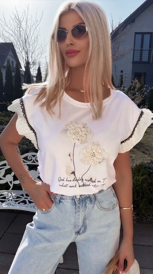 Bawełniana biała bluzka T-SHIRT z boho kwiatuszkami ONE SIZE - R789