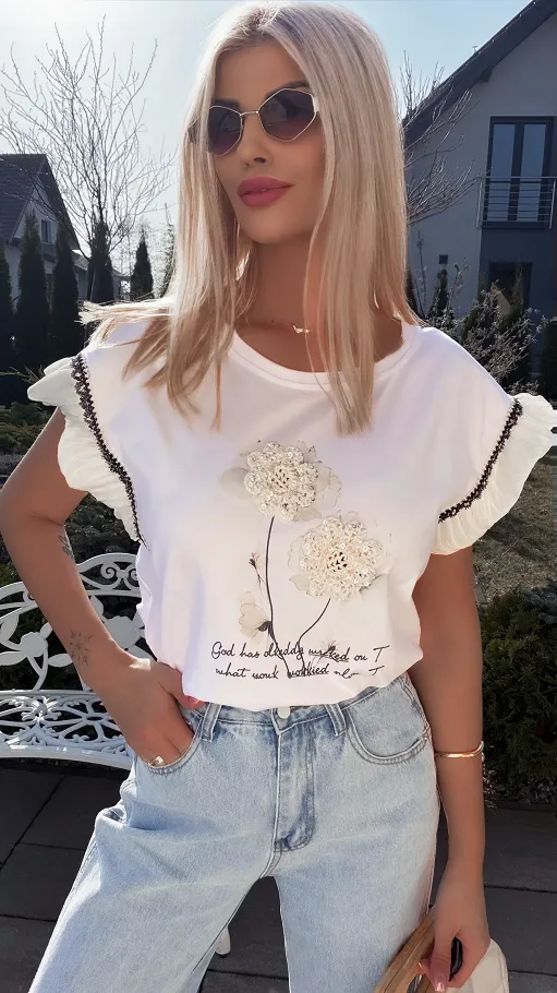 Bawełniana biała bluzka T-SHIRT z boho kwiatuszkami ONE SIZE - R789