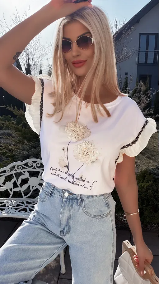 Bawełniana biała bluzka T-SHIRT z boho kwiatuszkami ONE SIZE - R789