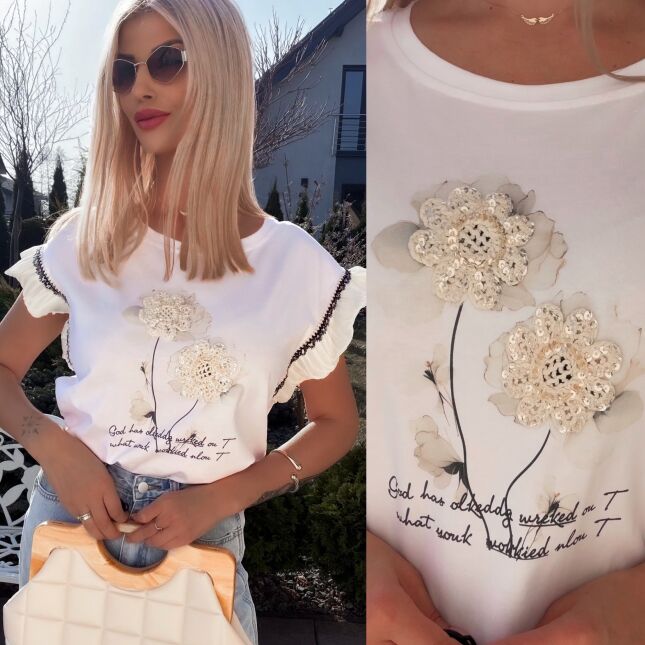 Bawełniana biała bluzka T-SHIRT z boho kwiatuszkami ONE SIZE - R789