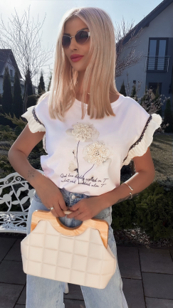 Bawełniana biała bluzka T-SHIRT z boho kwiatuszkami ONE SIZE - R789