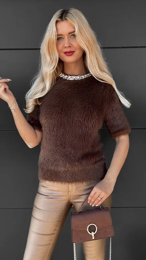 Elegancki brązowy sweter FLUFFY one size - R085