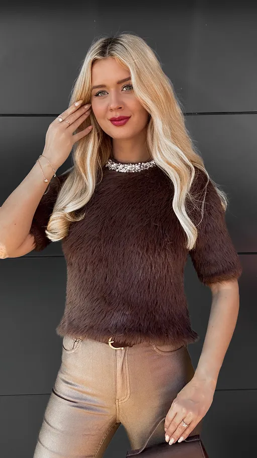 Elegancki brązowy sweter FLUFFY one size - R085