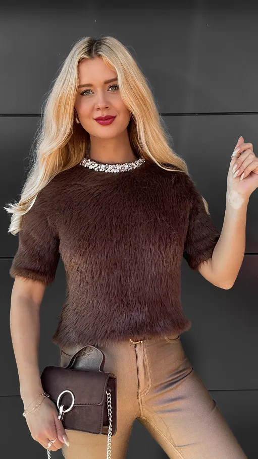 Elegancki brązowy sweter FLUFFY one size - R085