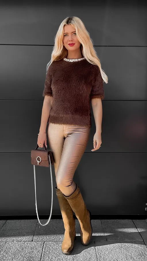 Elegancki brązowy sweter FLUFFY one size - R085