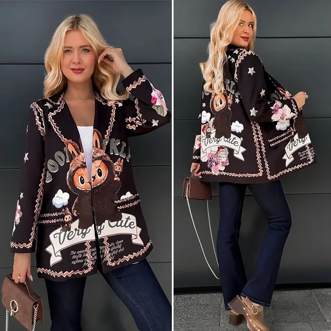 Marynarka z viralowym printem OVERSIZE czarna - R020