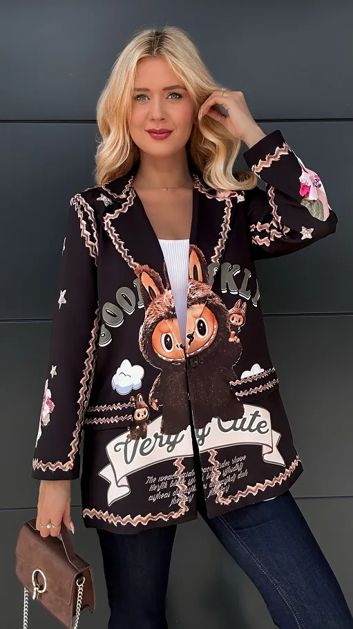 Marynarka z viralowym printem OVERSIZE czarna - R020