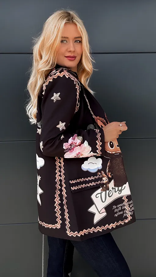Marynarka z viralowym printem OVERSIZE czarna - R020