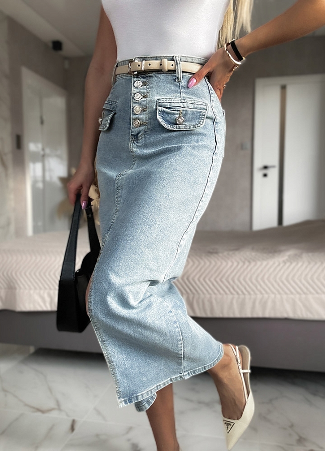 Jeansowa elastyczna spódnica z rozcięciem BLUE JEANS - M926