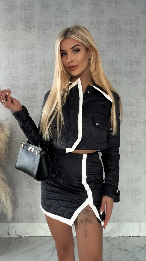 Czarny pikowany komplet z białą lamówką KURTKA + spódnica - R360