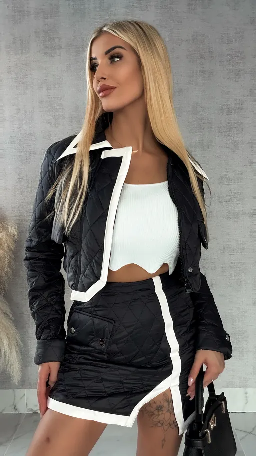 Czarny pikowany komplet z białą lamówką KURTKA + spódnica - R360