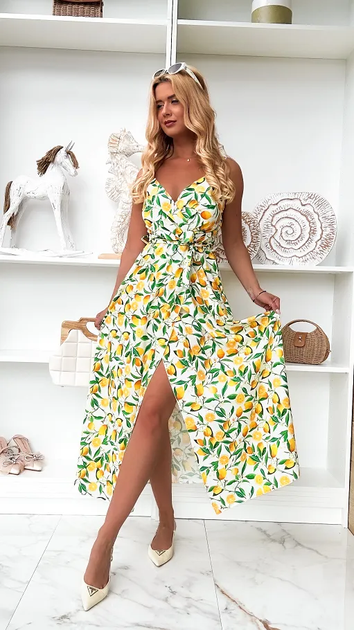 Biała sukienka w cytryny z modnym rozcięciem ONE SIZE - P843A