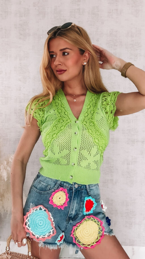 Bluzka szydełkowa z koronką zapinana na guziki ONE SIZE seledynowa - R978