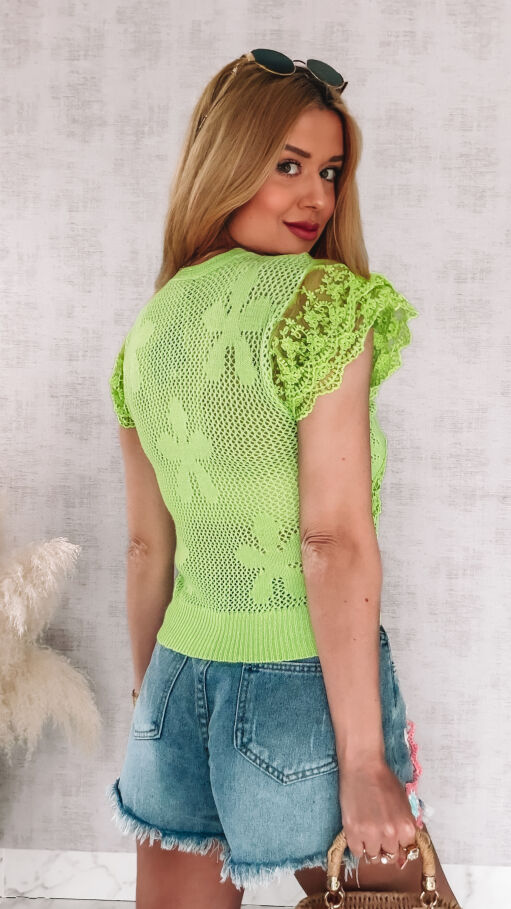 Bluzka szydełkowa z koronką zapinana na guziki ONE SIZE seledynowa - R978