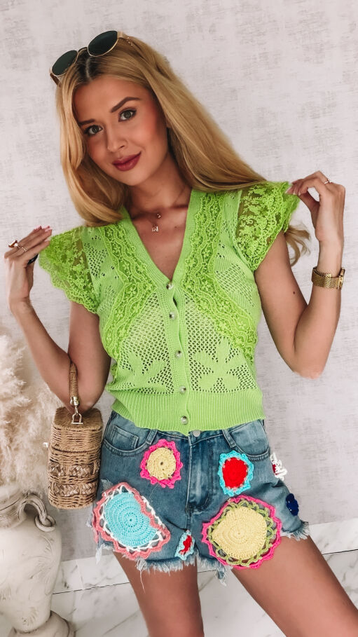Bluzka szydełkowa z koronką zapinana na guziki ONE SIZE seledynowa - R978