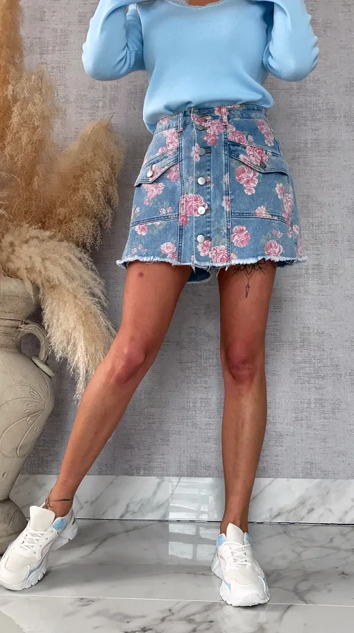 Super elastyczne jeansowe spódnico-spodenki w kwiaty BLUE JEANS - R619A