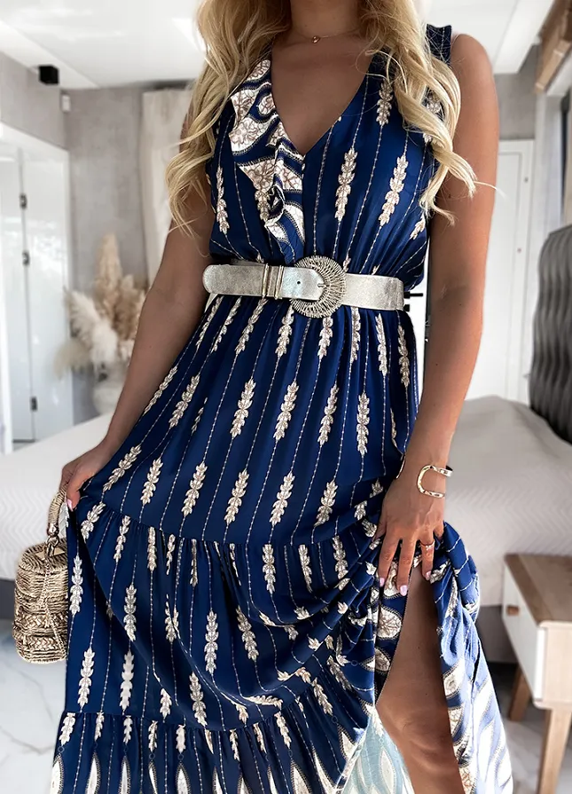 Granatowa MAXI sukienka z beżowymi kwiatami i zdobionym dekoltem w serek WISKOZA - N142