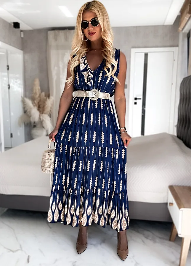 Granatowa MAXI sukienka z beżowymi kwiatami i zdobionym dekoltem w serek WISKOZA - N142