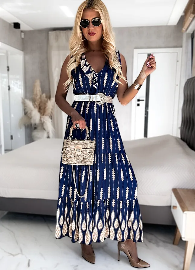 Granatowa MAXI sukienka z beżowymi kwiatami i zdobionym dekoltem w serek WISKOZA - N142