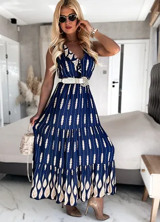 Granatowa MAXI sukienka z beżowymi kwiatami i zdobionym dekoltem w serek WISKOZA - N142