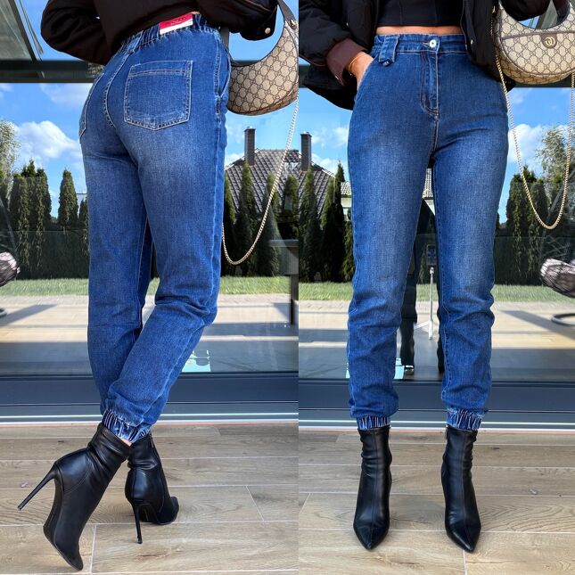 Miękkie elastyczne spodnie jeansowe MOM FIT z gumkami - S275