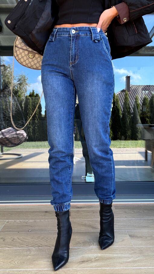 Miękkie elastyczne spodnie jeansowe MOM FIT z gumkami - S275