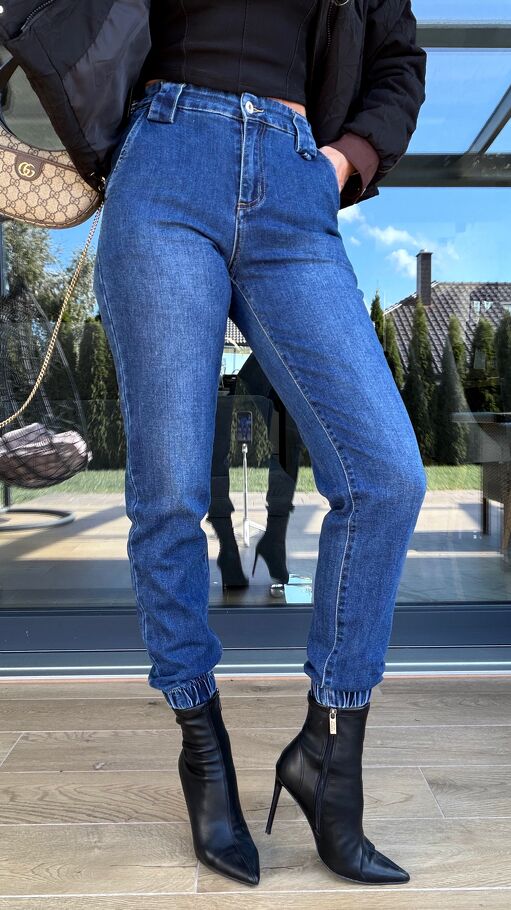 Miękkie elastyczne spodnie jeansowe MOM FIT z gumkami - S275