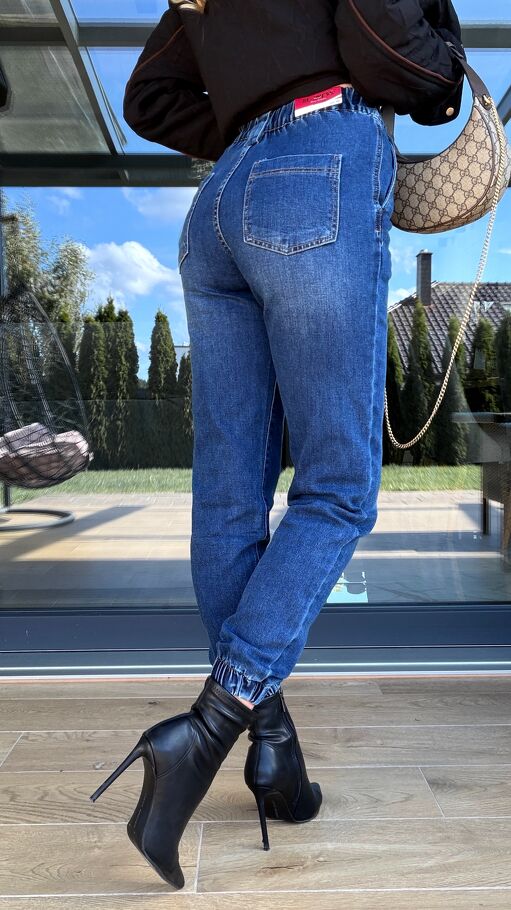 Miękkie elastyczne spodnie jeansowe MOM FIT z gumkami - S275