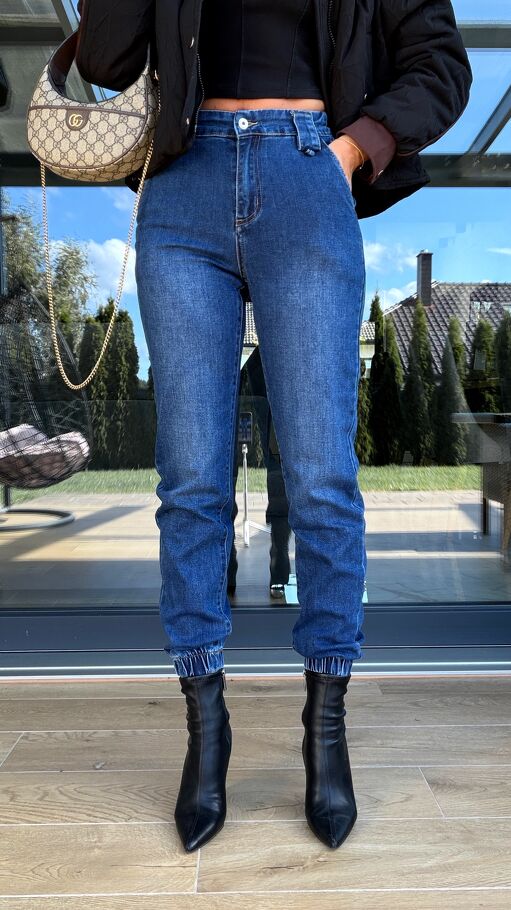 Miękkie elastyczne spodnie jeansowe MOM FIT z gumkami - S275