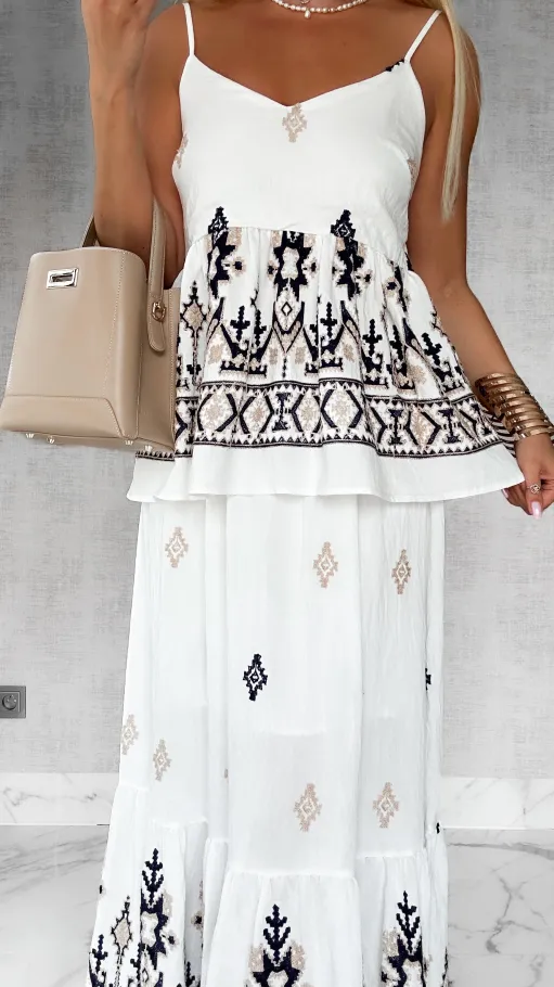 Letni biały komplet z wiskozy bluzka + maxi spódnica ONE SIZE - P818