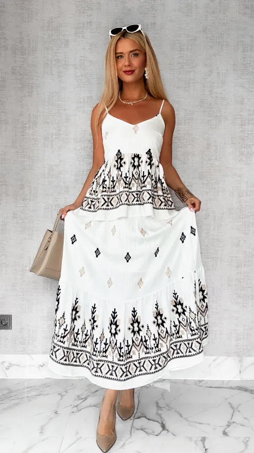 Letni biały komplet z wiskozy bluzka + maxi spódnica ONE SIZE - P818