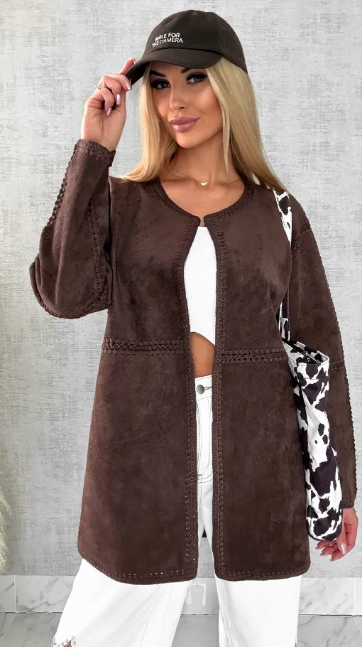 Premium zamszowa marynarka ONE SIZE brąz - R528A