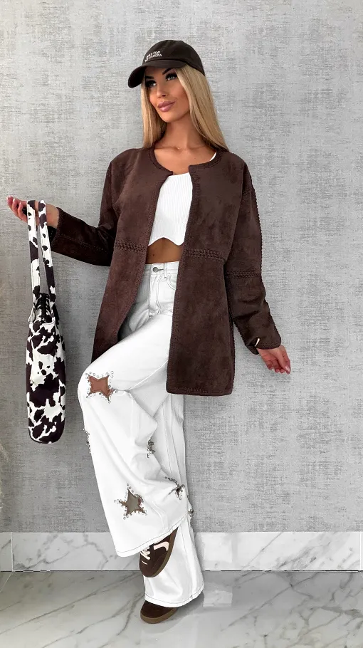 Premium zamszowa marynarka ONE SIZE brąz - R528A