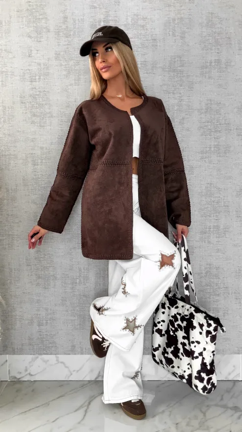 Premium zamszowa marynarka ONE SIZE brąz - R528A