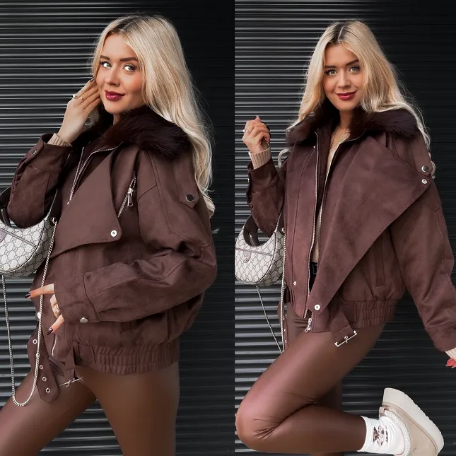 Czekoladowa kurtka zamszowa z futerkiem ONE SIZE - R324