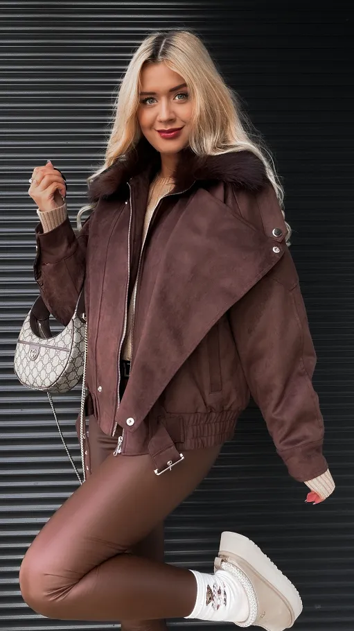 Czekoladowa kurtka zamszowa z futerkiem ONE SIZE - R324