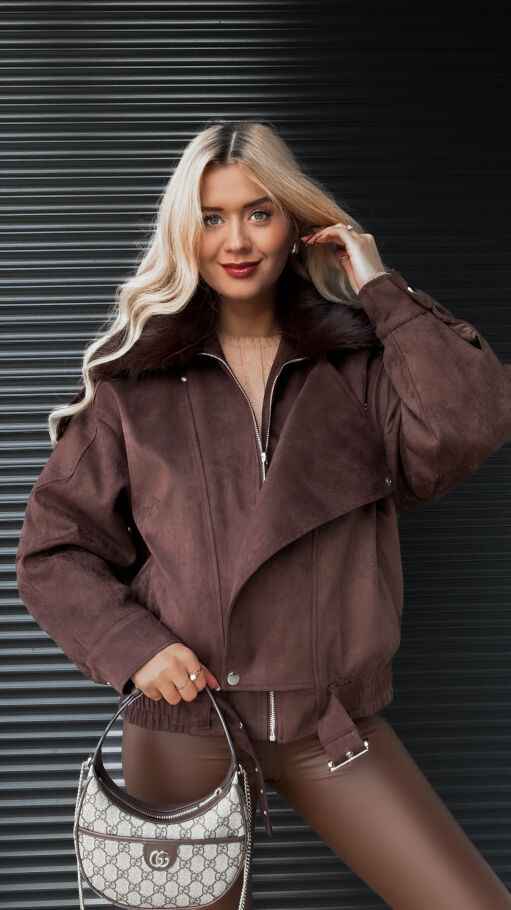 Czekoladowa kurtka zamszowa z futerkiem ONE SIZE - R324