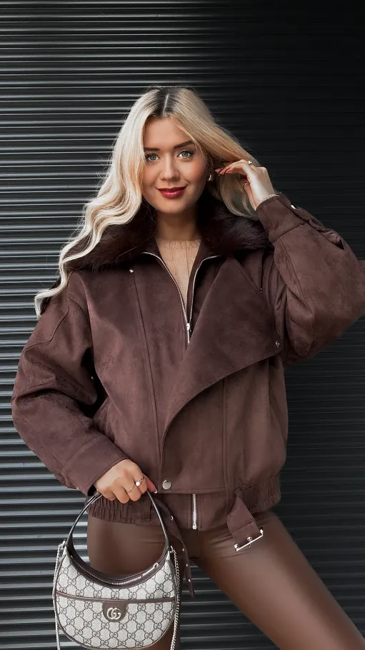 Czekoladowa kurtka zamszowa z futerkiem ONE SIZE - R324