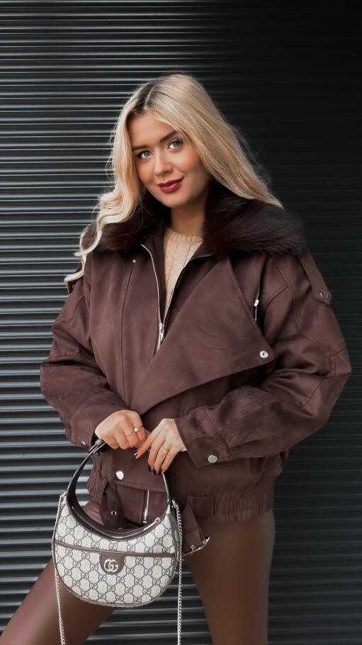 Czekoladowa kurtka zamszowa z futerkiem ONE SIZE - R324