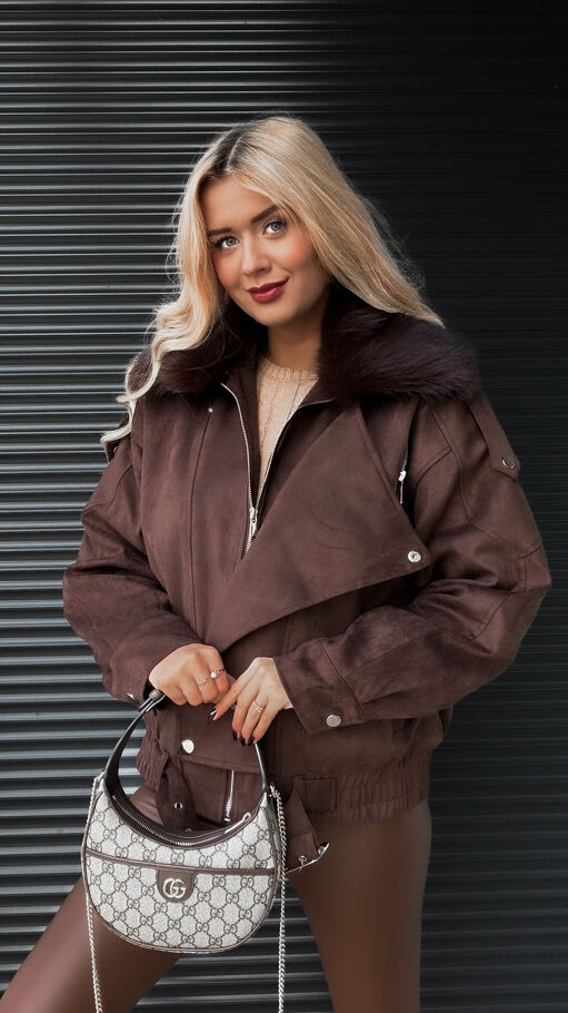 Czekoladowa kurtka zamszowa z futerkiem ONE SIZE - R324