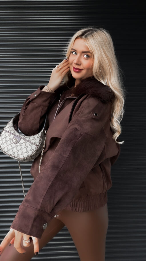 Czekoladowa kurtka zamszowa z futerkiem ONE SIZE - R324