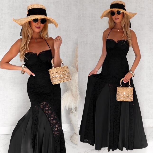 Elegancka maxi długa sukienka z koronki BLACK - S061A