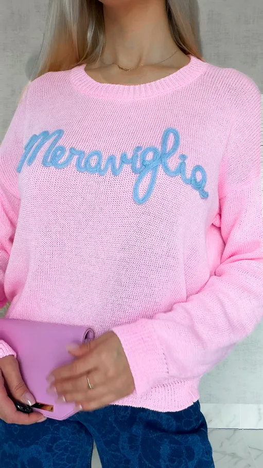 Lekki różowy sweter z kontrastowym napisem ONE SIZE - R846