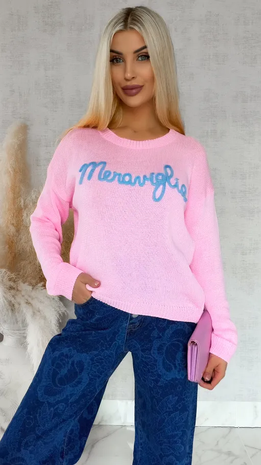 Lekki różowy sweter z kontrastowym napisem ONE SIZE - R846