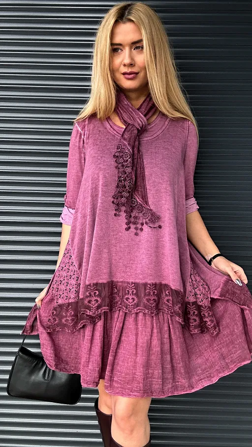 Wrzosowa dwuwarstwowa sukienka z wiskozy z chustą - N876