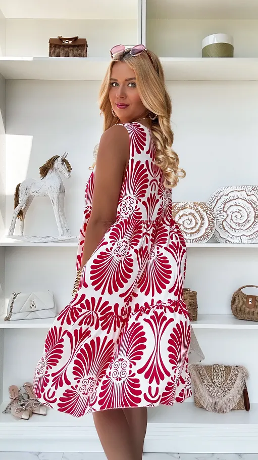 Idealna sukienka na lato w czerwone wzory ONE SIZE z wiskozy - P853A