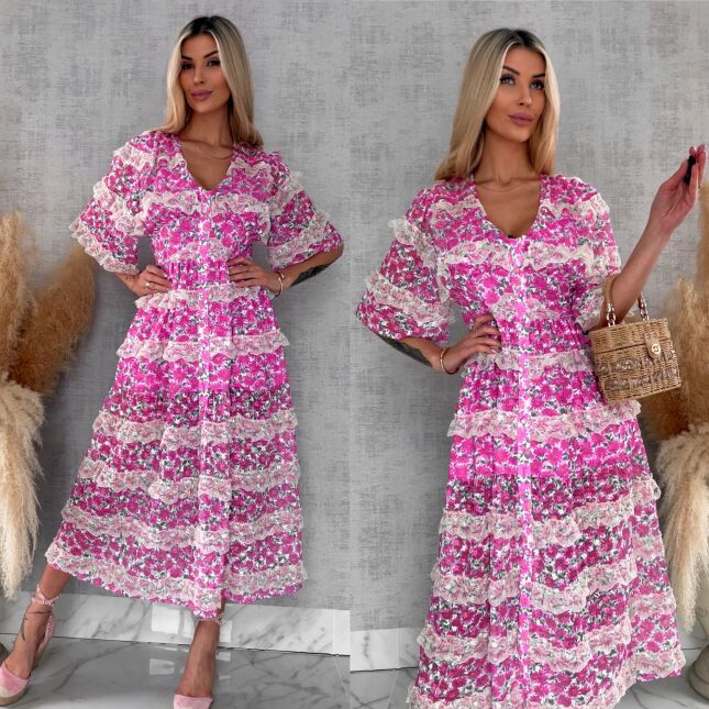 Cudowna MAXI sukienka w różowe kwiaty cała z koronki - R695