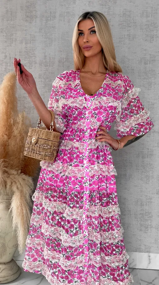 Cudowna MAXI sukienka w różowe kwiaty cała z koronki - R695